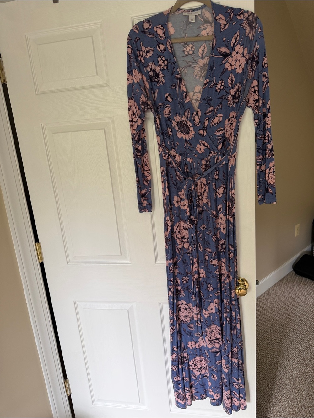 Motherhood Maternity Blue Floral Wrap Maxi Dress with Pink Print